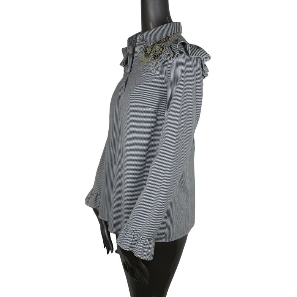 Suno NWT Grey Embroidered Metallic Shirt 2 Ruffle Button Longsleeve Blouse Top - Picture 3 of 6